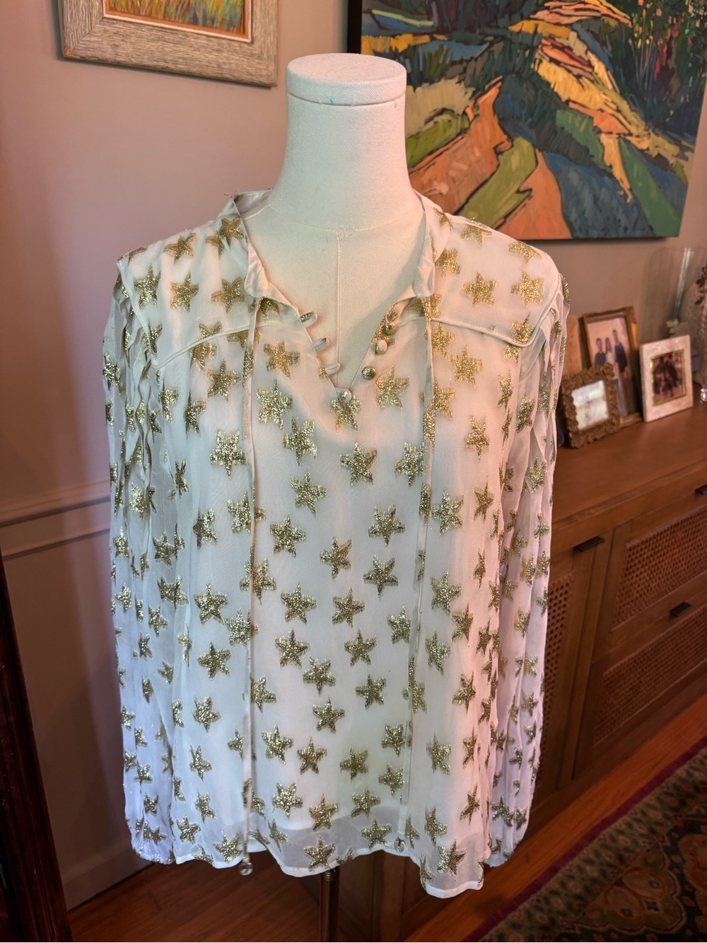 CIEBON Sheer White Blouse with Gold Star Embellishments